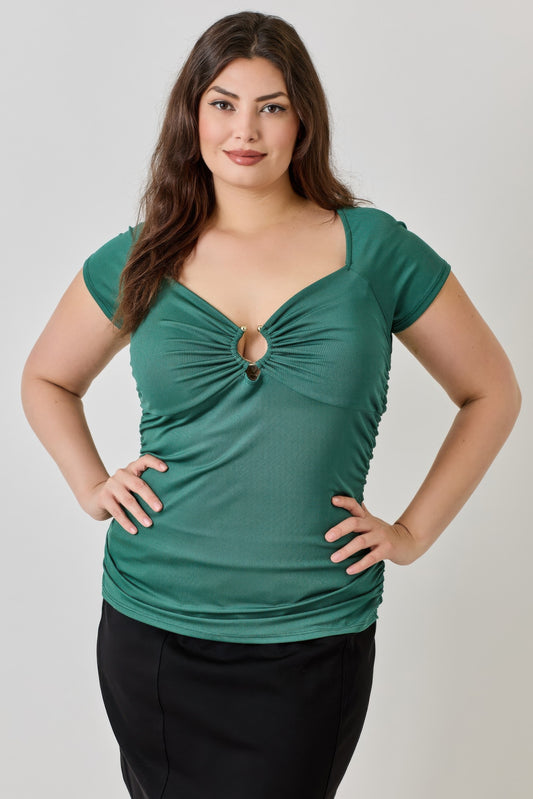 Plus Size Knit Rib Open Circle Trim Top        