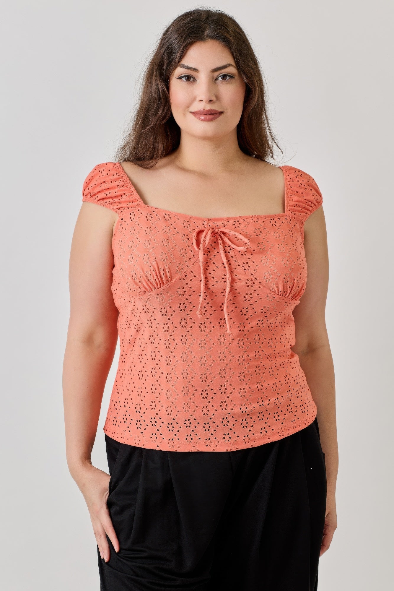 Plus Size Knit Eyelet Cap Sleeve Top      