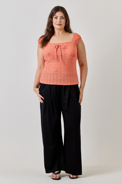 Plus Size Knit Eyelet Cap Sleeve Top      