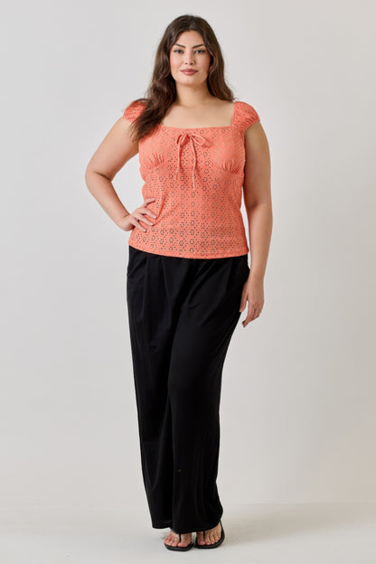 Plus Size Knit Eyelet Cap Sleeve Top      