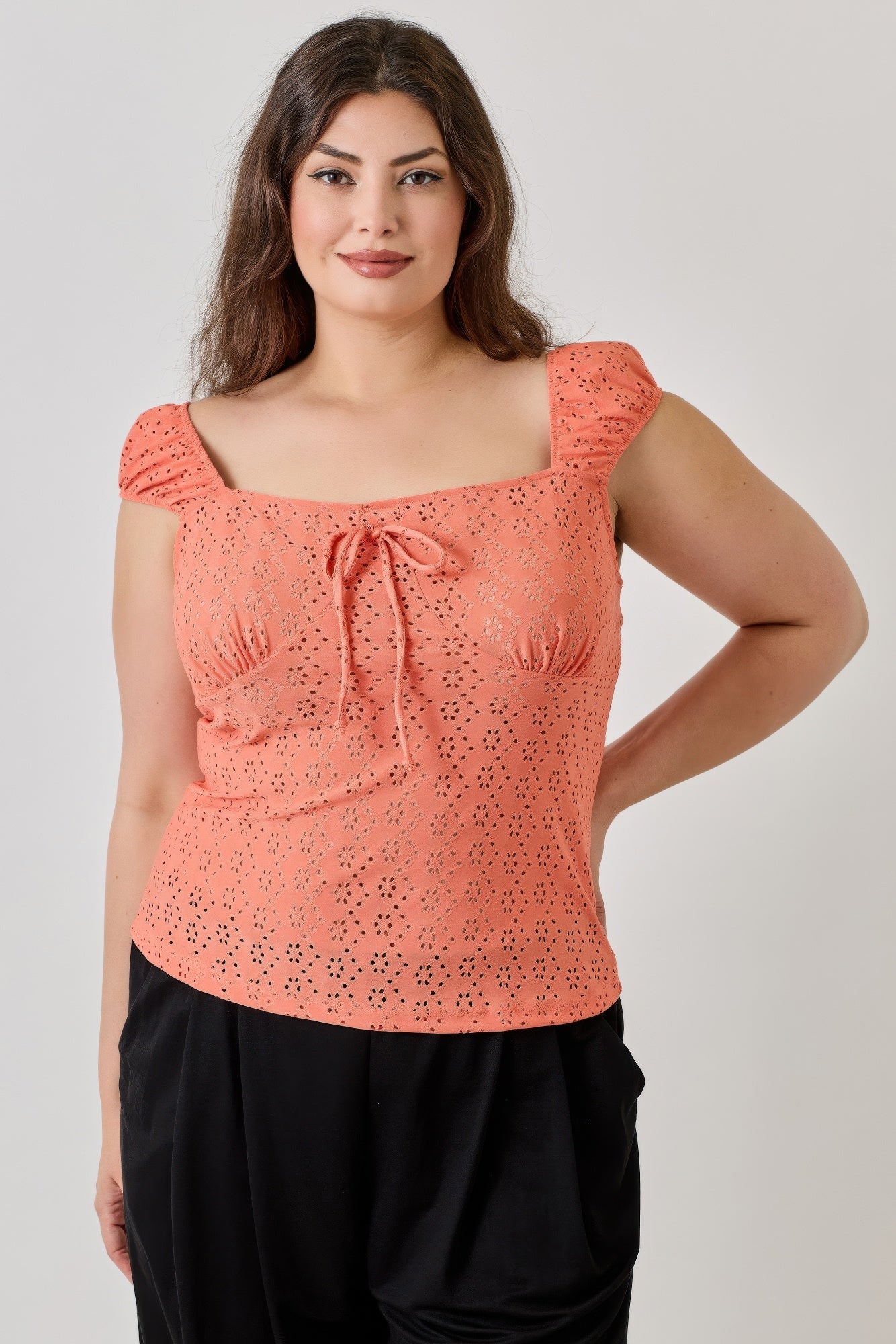 Plus Size Knit Eyelet Cap Sleeve Top      
