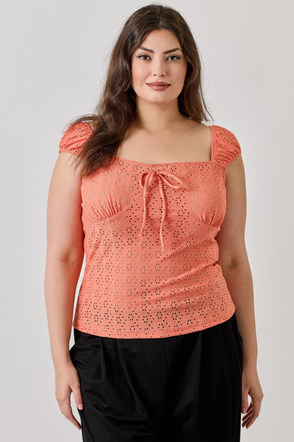 Plus Size Knit Eyelet Cap Sleeve Top      