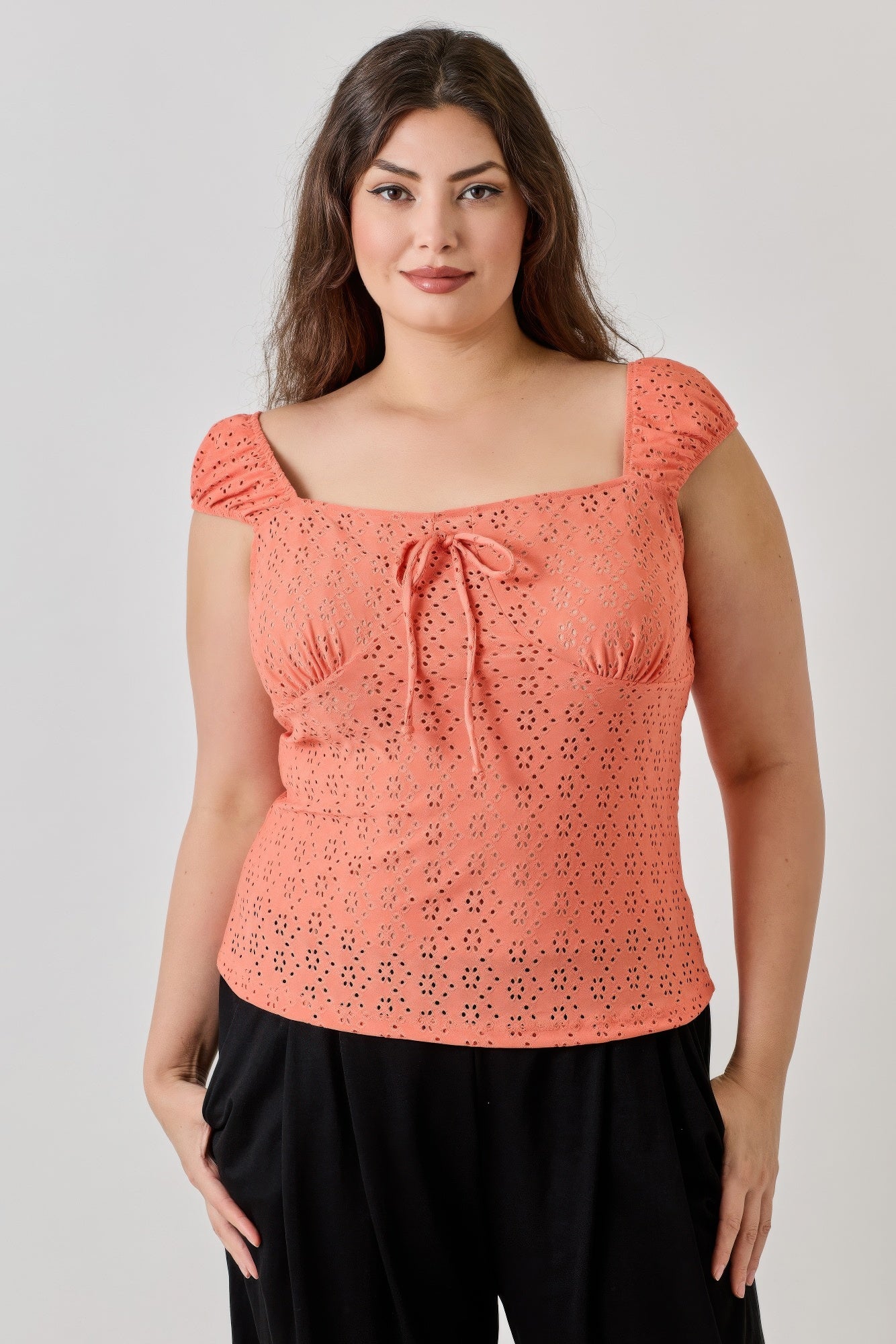 Plus Size Knit Eyelet Cap Sleeve Top      