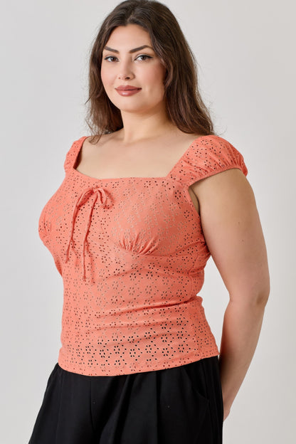 Plus Size Knit Eyelet Cap Sleeve Top      