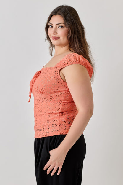 Plus Size Knit Eyelet Cap Sleeve Top      