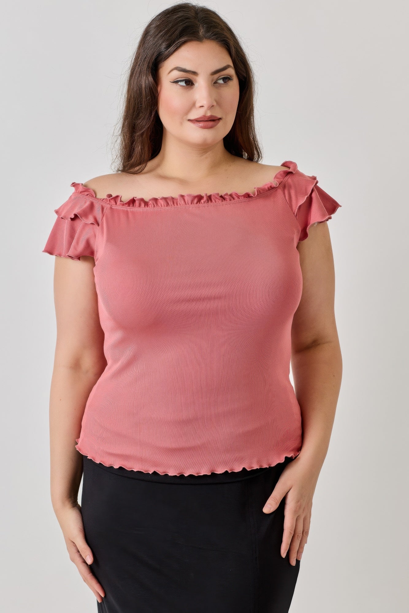 Plus Size Knit Rib Double Ruffle Top    