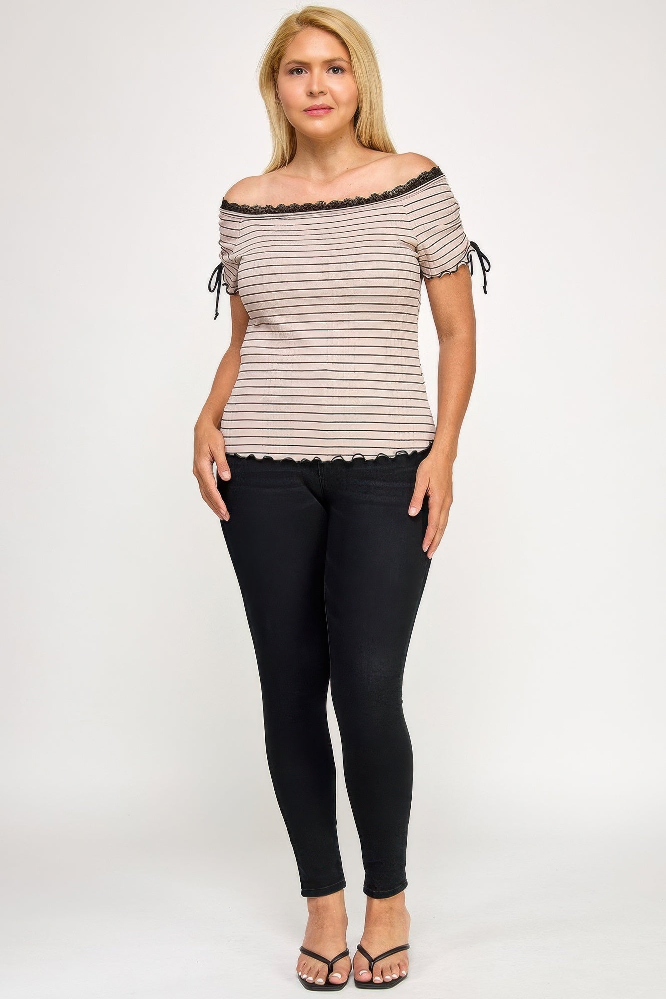 Plus Size Ots Knit Rib Striped Lace Edge Top    