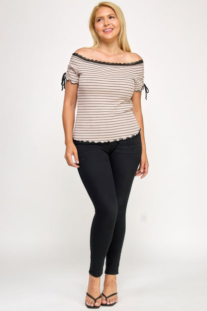 Plus Size Ots Knit Rib Striped Lace Edge Top    