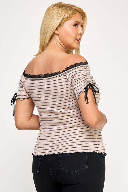 Plus Size Ots Knit Rib Striped Lace Edge Top    