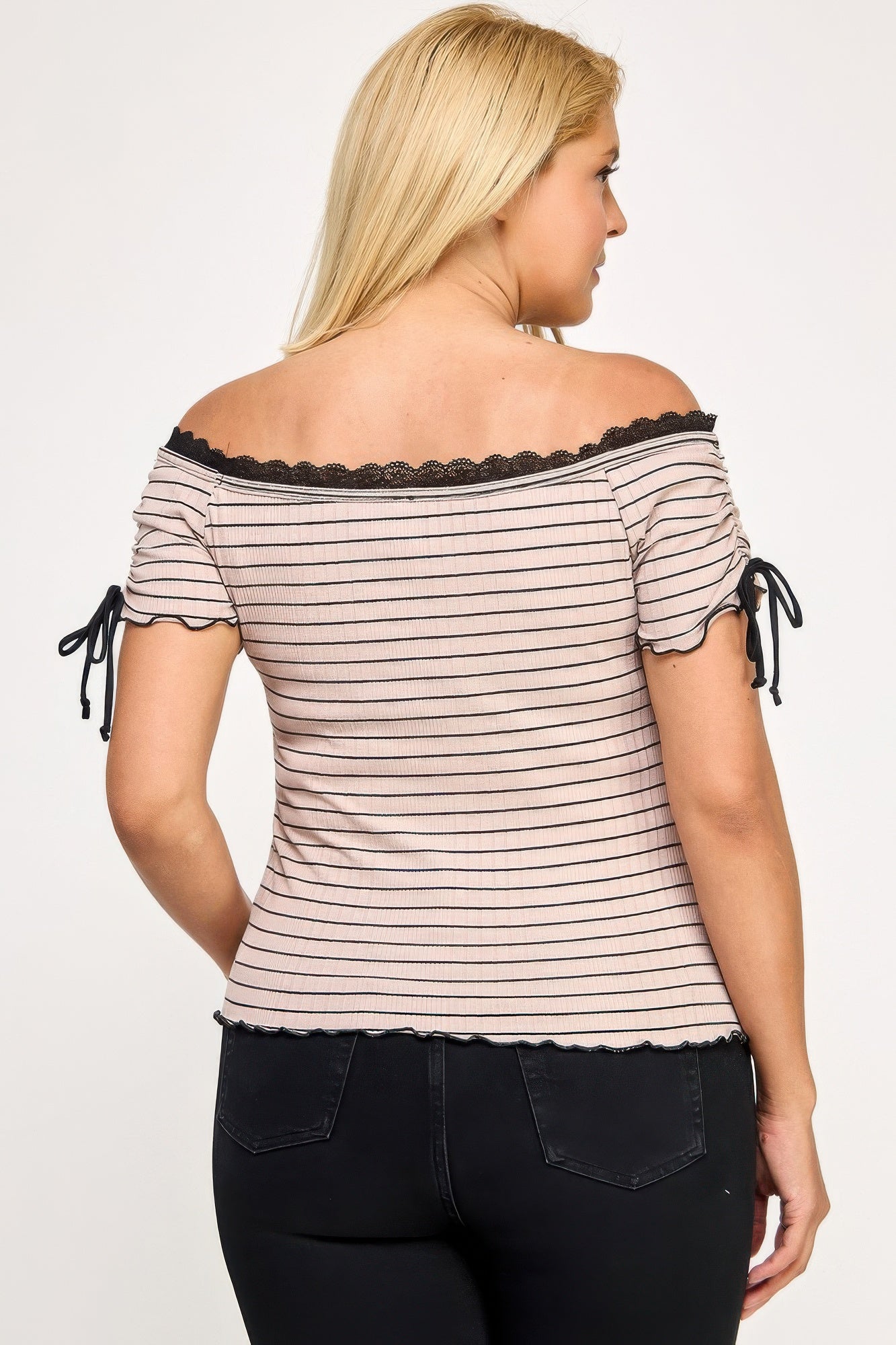 Plus Size Ots Knit Rib Striped Lace Edge Top    