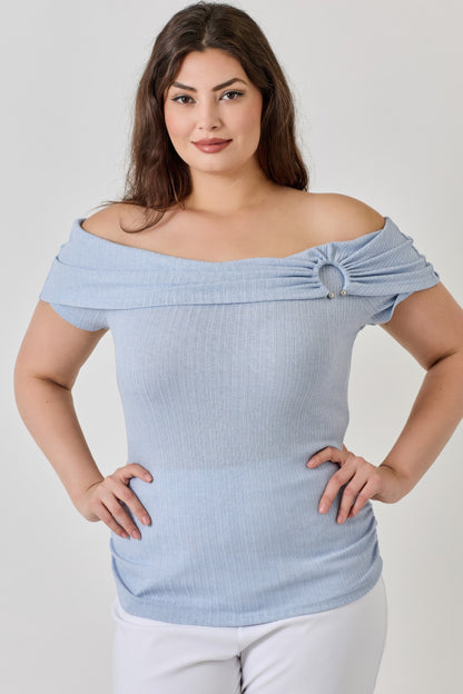 Plus Size Ots Pointelle Knit Rib Fold Over Top    