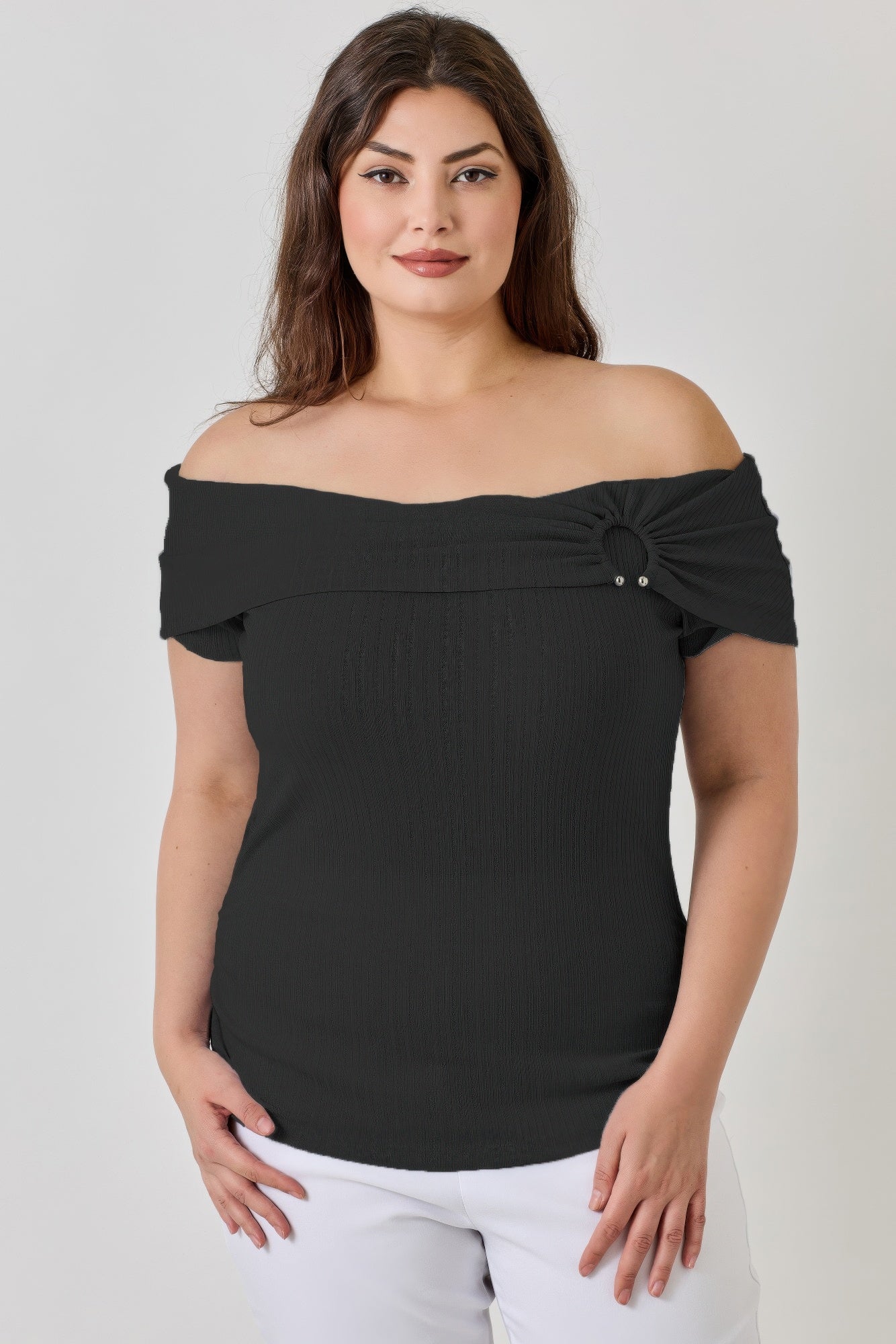 Plus Size Ots Pointelle Knit Rib Fold Over Top    