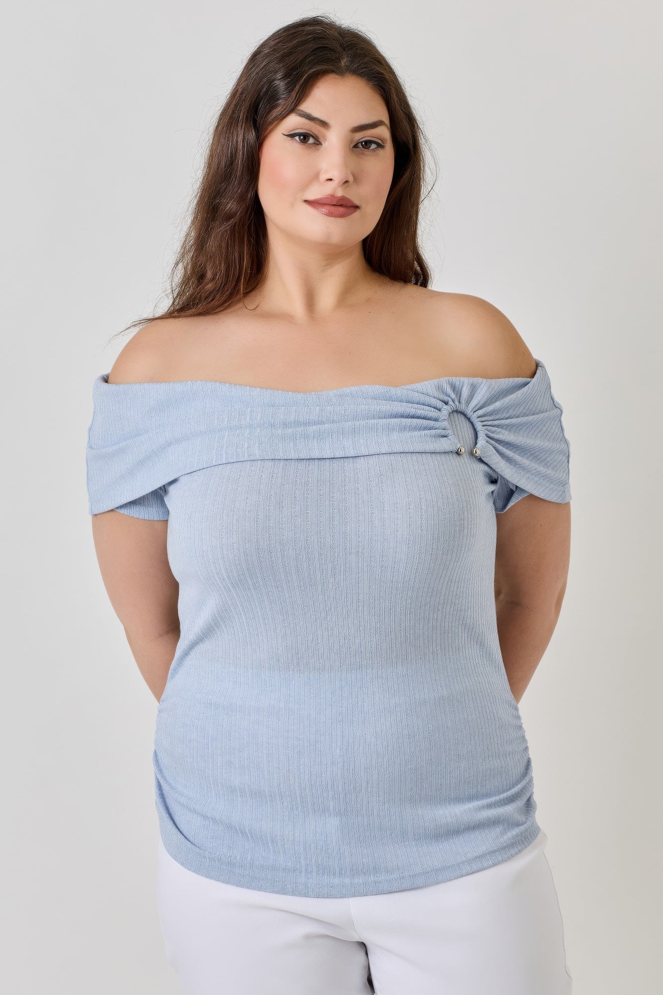Plus Size Ots Pointelle Knit Rib Fold Over Top    