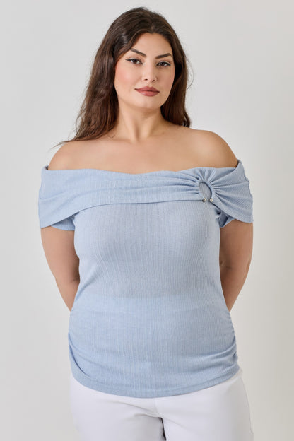 Plus Size Ots Pointelle Knit Rib Fold Over Top    