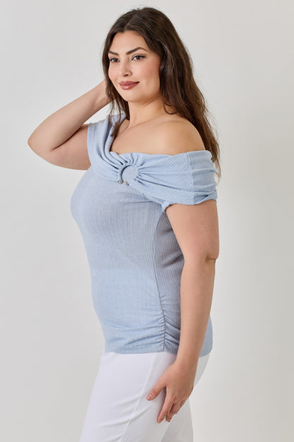 Plus Size Ots Pointelle Knit Rib Fold Over Top    