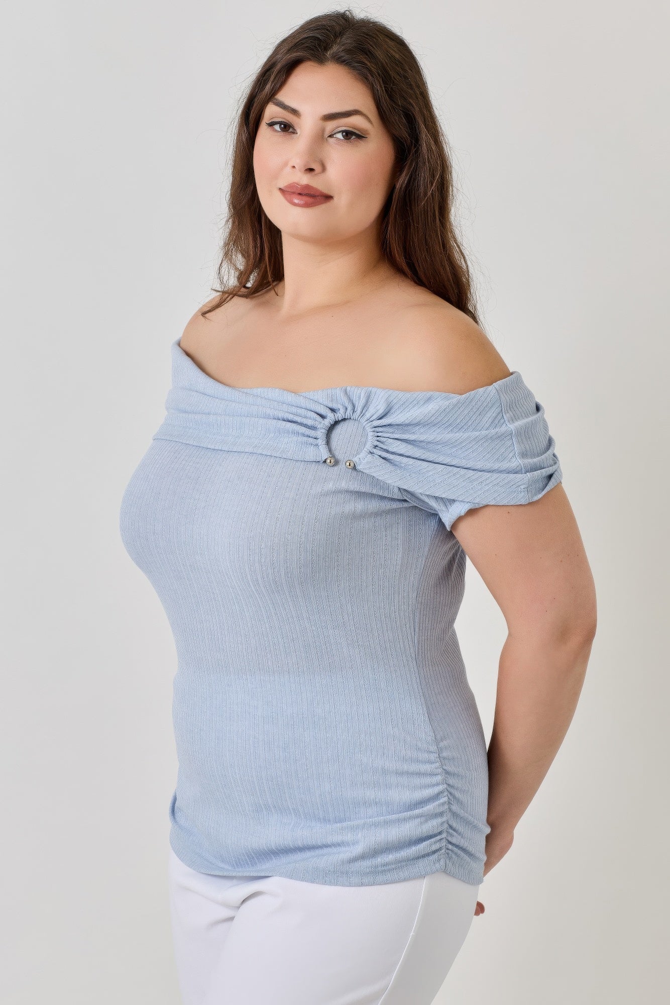 Plus Size Ots Pointelle Knit Rib Fold Over Top    