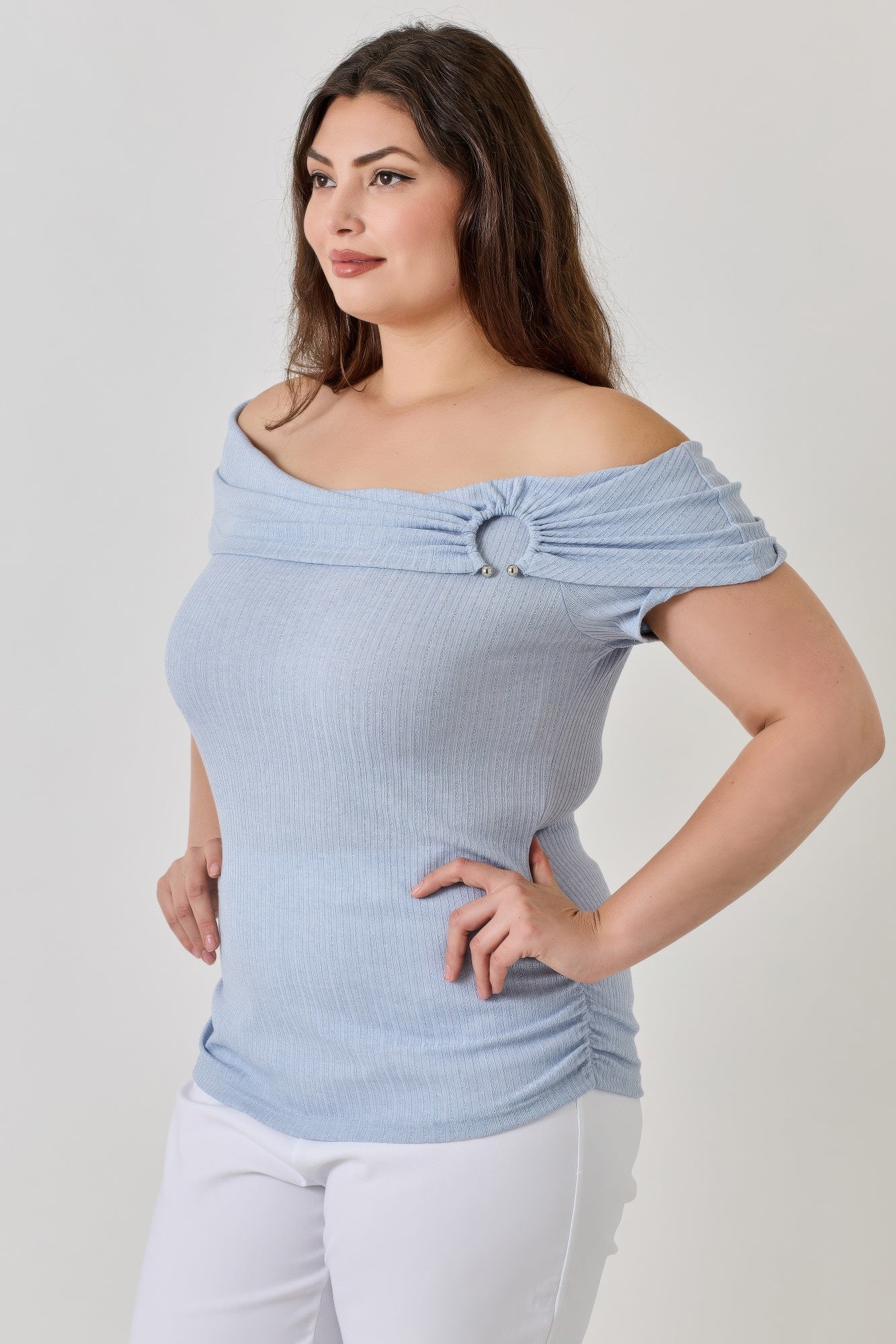 Plus Size Ots Pointelle Knit Rib Fold Over Top    