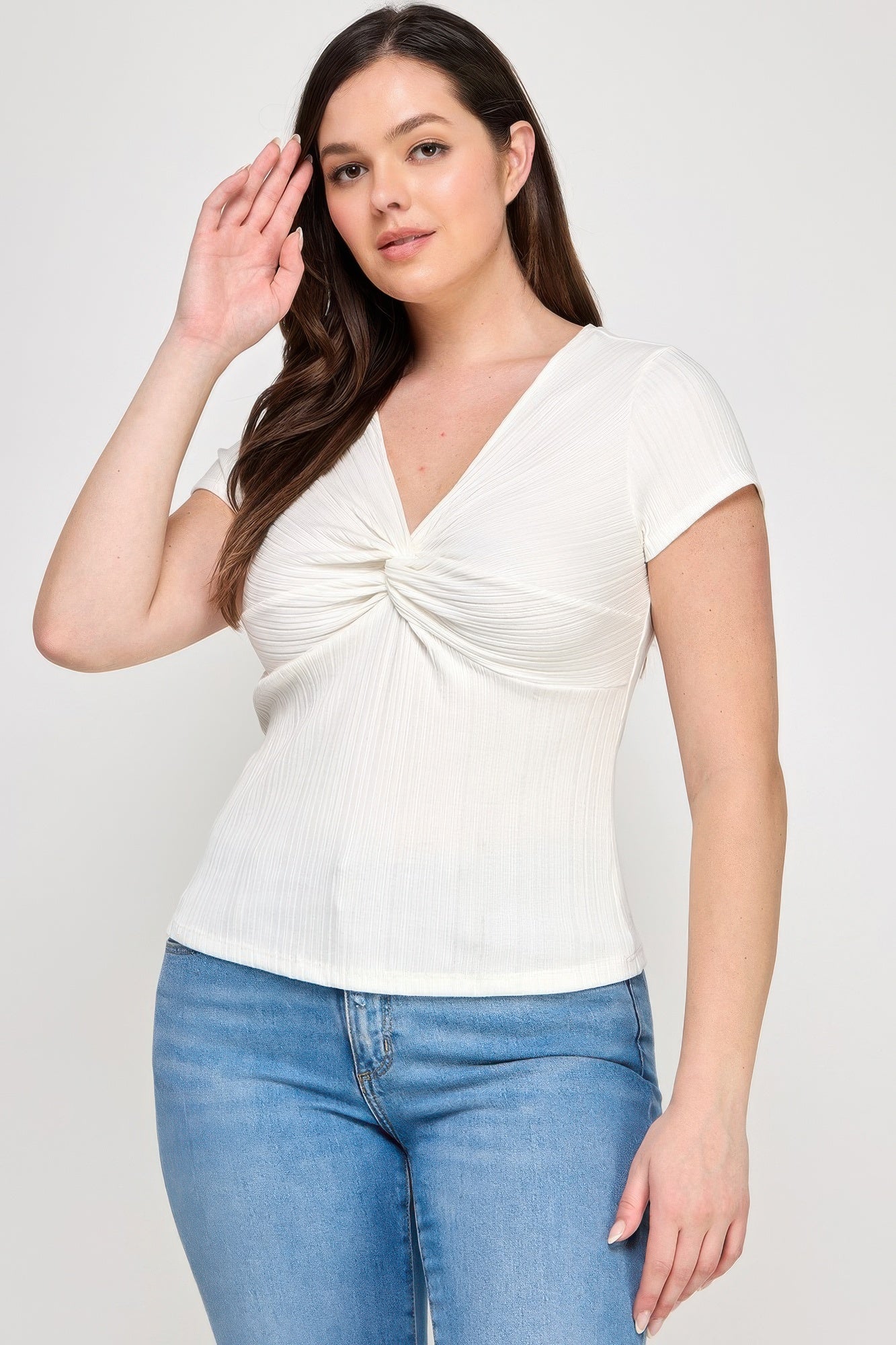 Plus Size Variegated Knit Rib Twist Front Top        
