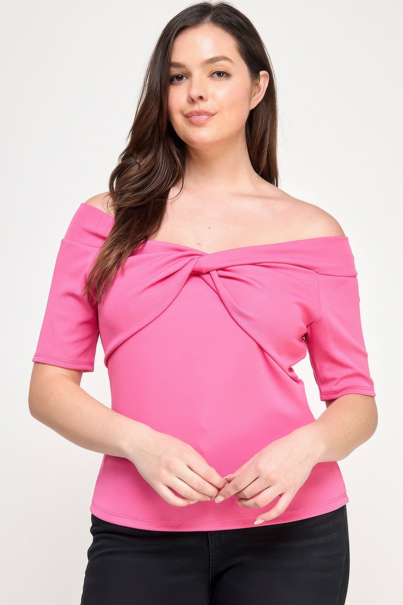 Plus Size Off The Shoulder Knit Rib Twist Knot Top       
