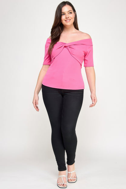 Plus Size Off The Shoulder Knit Rib Twist Knot Top       