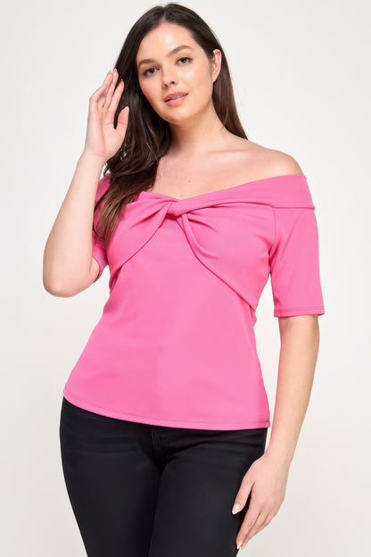 Plus Size Off The Shoulder Knit Rib Twist Knot Top       