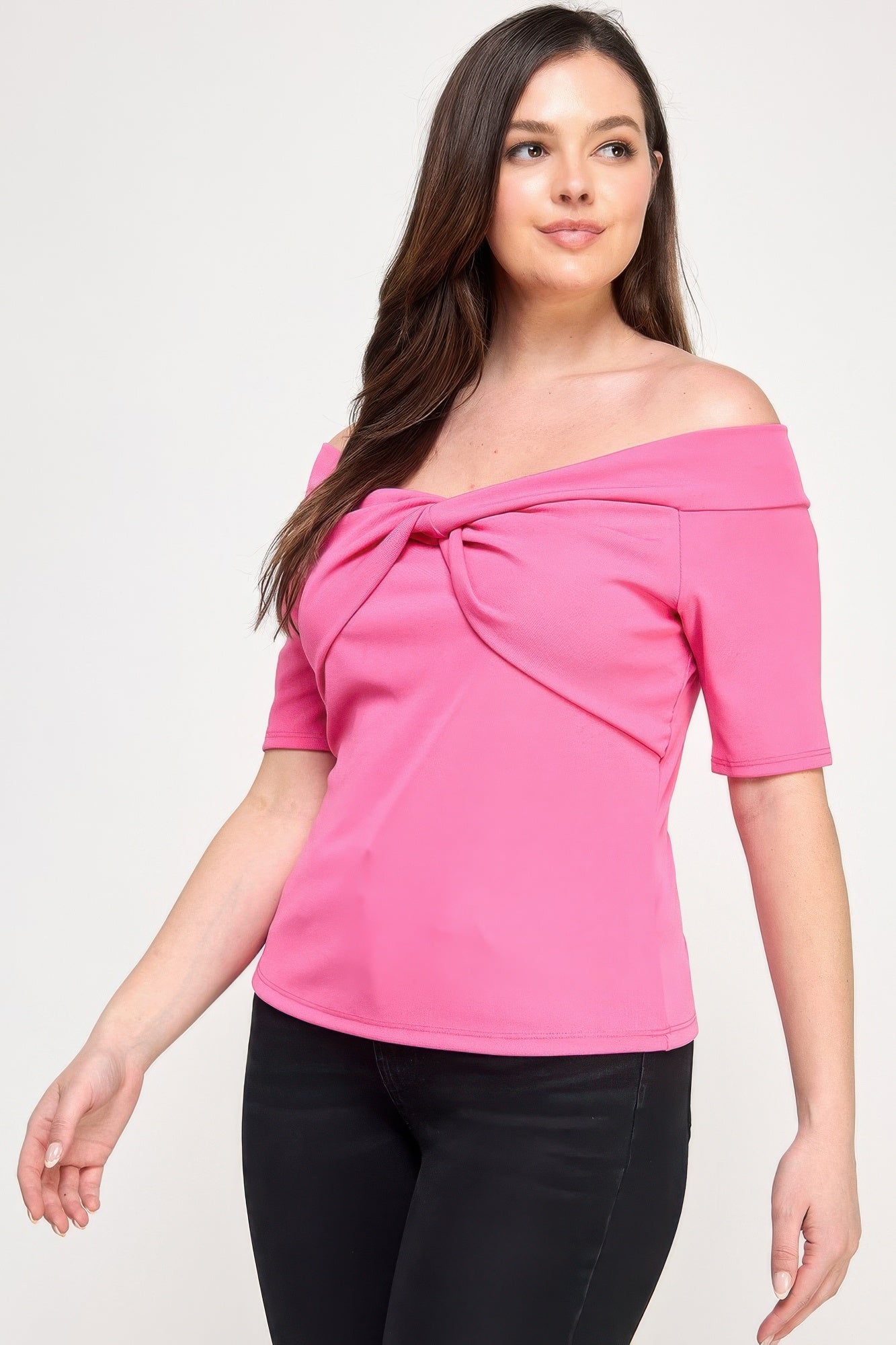 Plus Size Off The Shoulder Knit Rib Twist Knot Top       