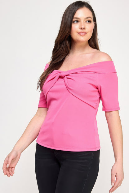 Plus Size Off The Shoulder Knit Rib Twist Knot Top       
