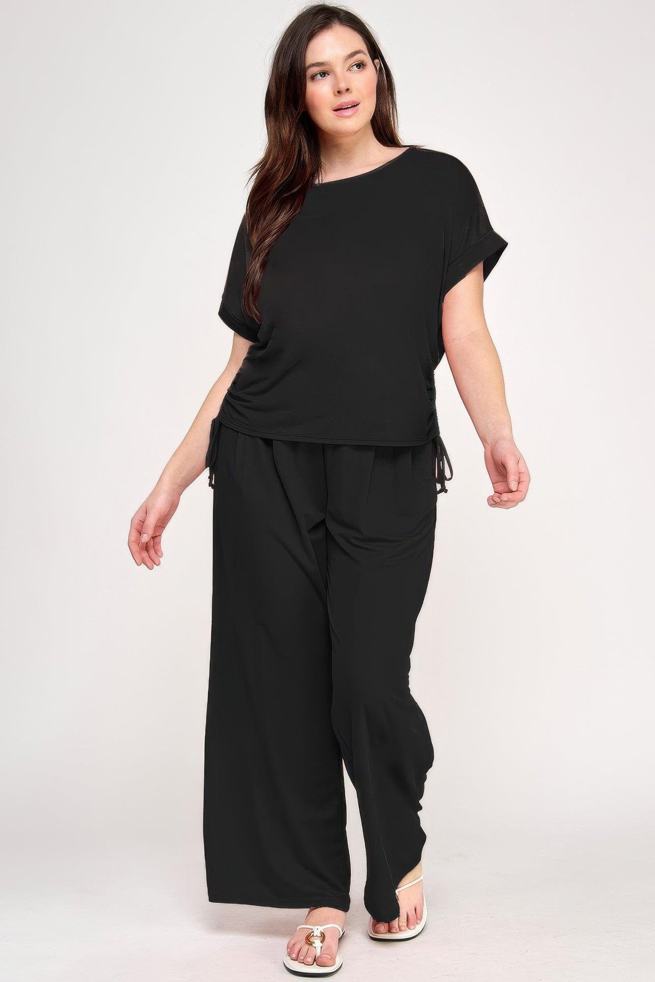Plus Size Knit Linen Pleated Wide Leg Pants      