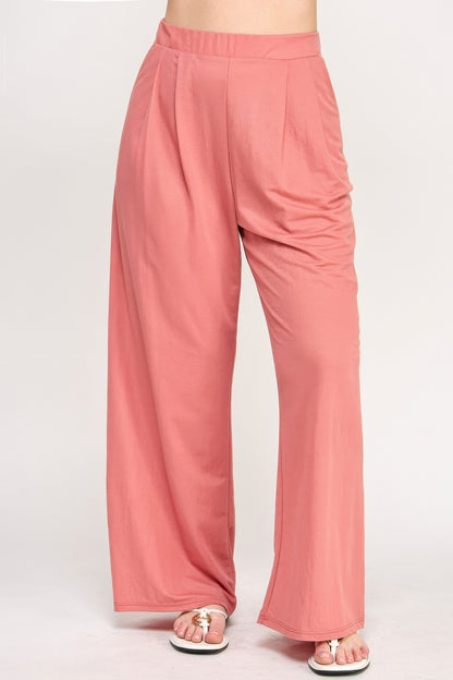 Plus Size Knit Linen Pleated Wide Leg Pants      