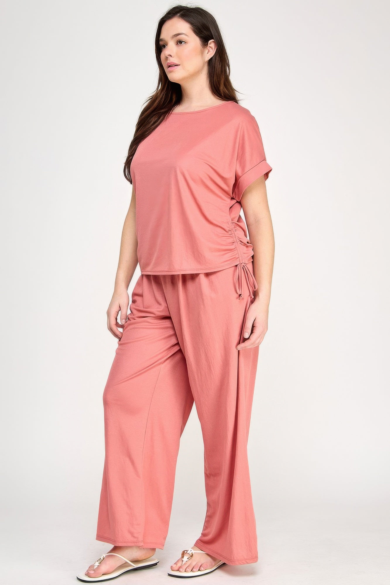 Plus Size Knit Linen Dolman Ruched Top     