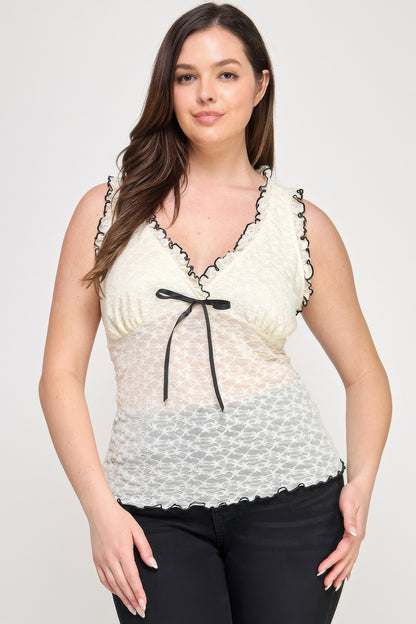 Plus Size Sleeveless Ruffle Lace Bow Tie Front Top        