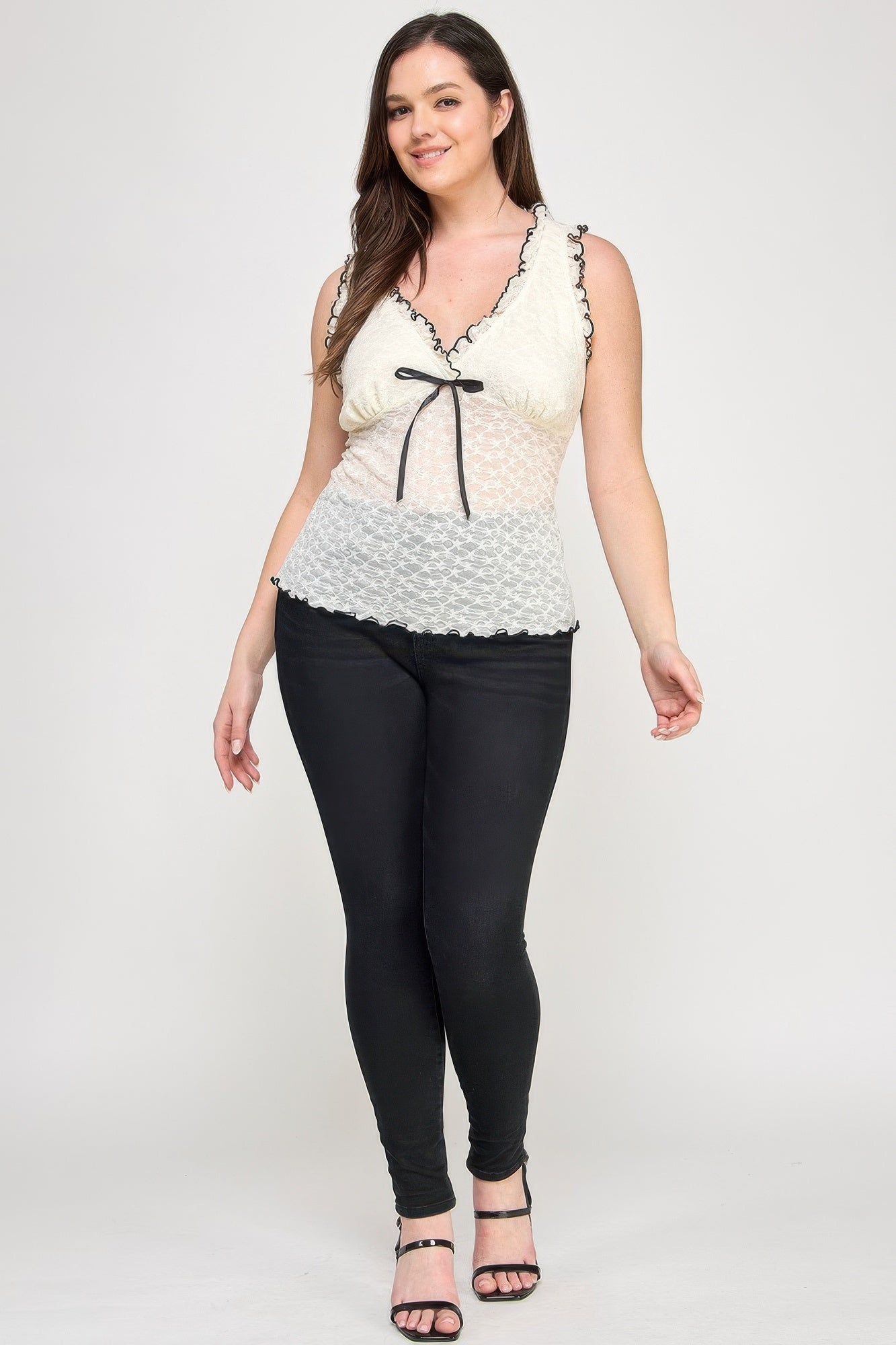 Plus Size Sleeveless Ruffle Lace Bow Tie Front Top        