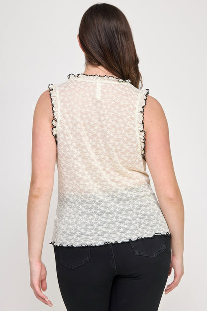 Plus Size Sleeveless Ruffle Lace Bow Tie Front Top        