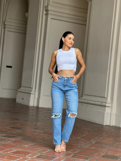 Medium Wash High Rise Jeans With Distress And Rips         