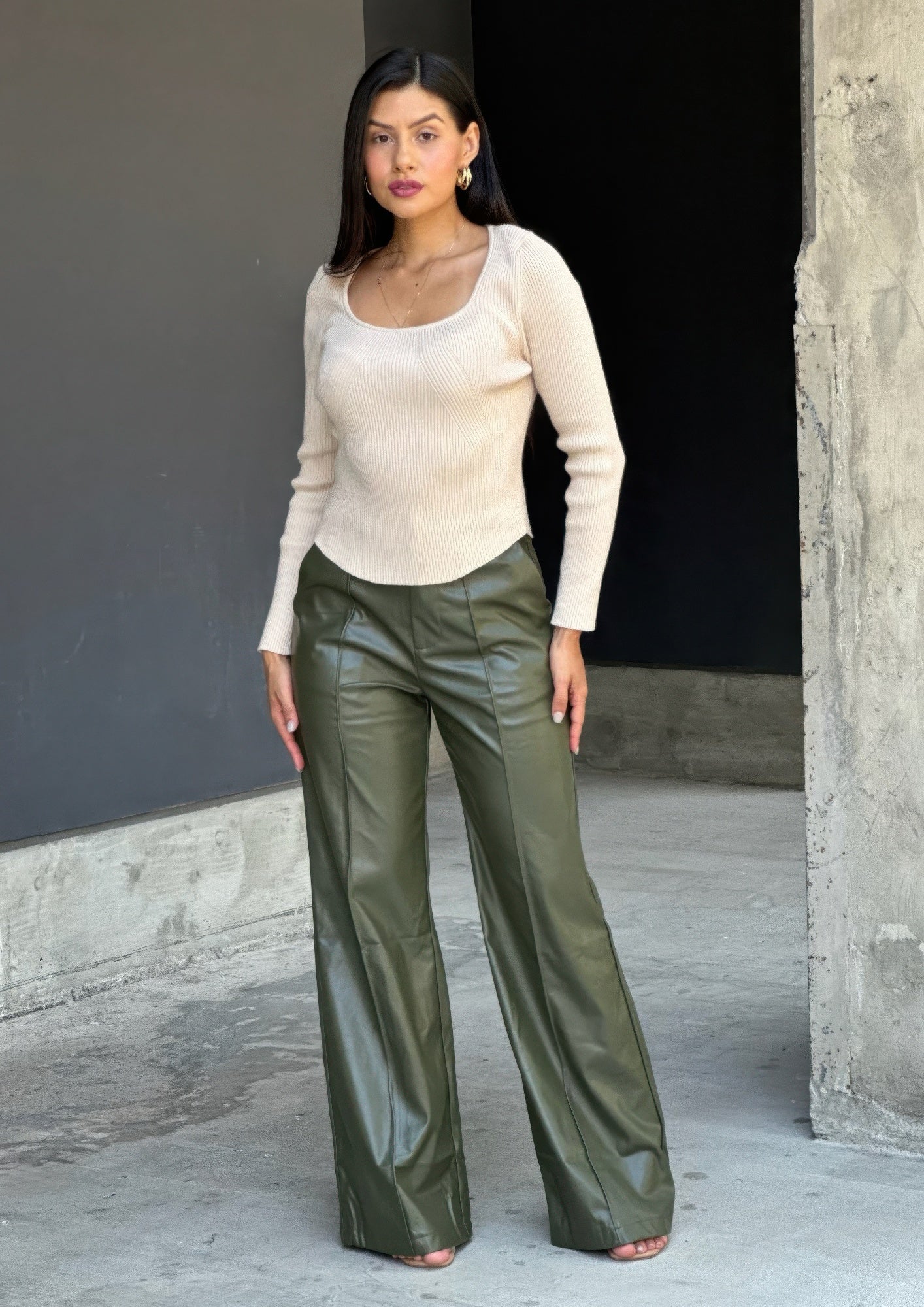 Front Pleated Faux Leather Wide Leg Pants      