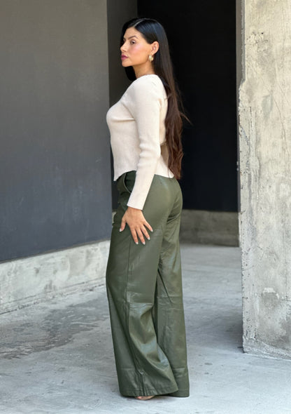 Front Pleated Faux Leather Wide Leg Pants      