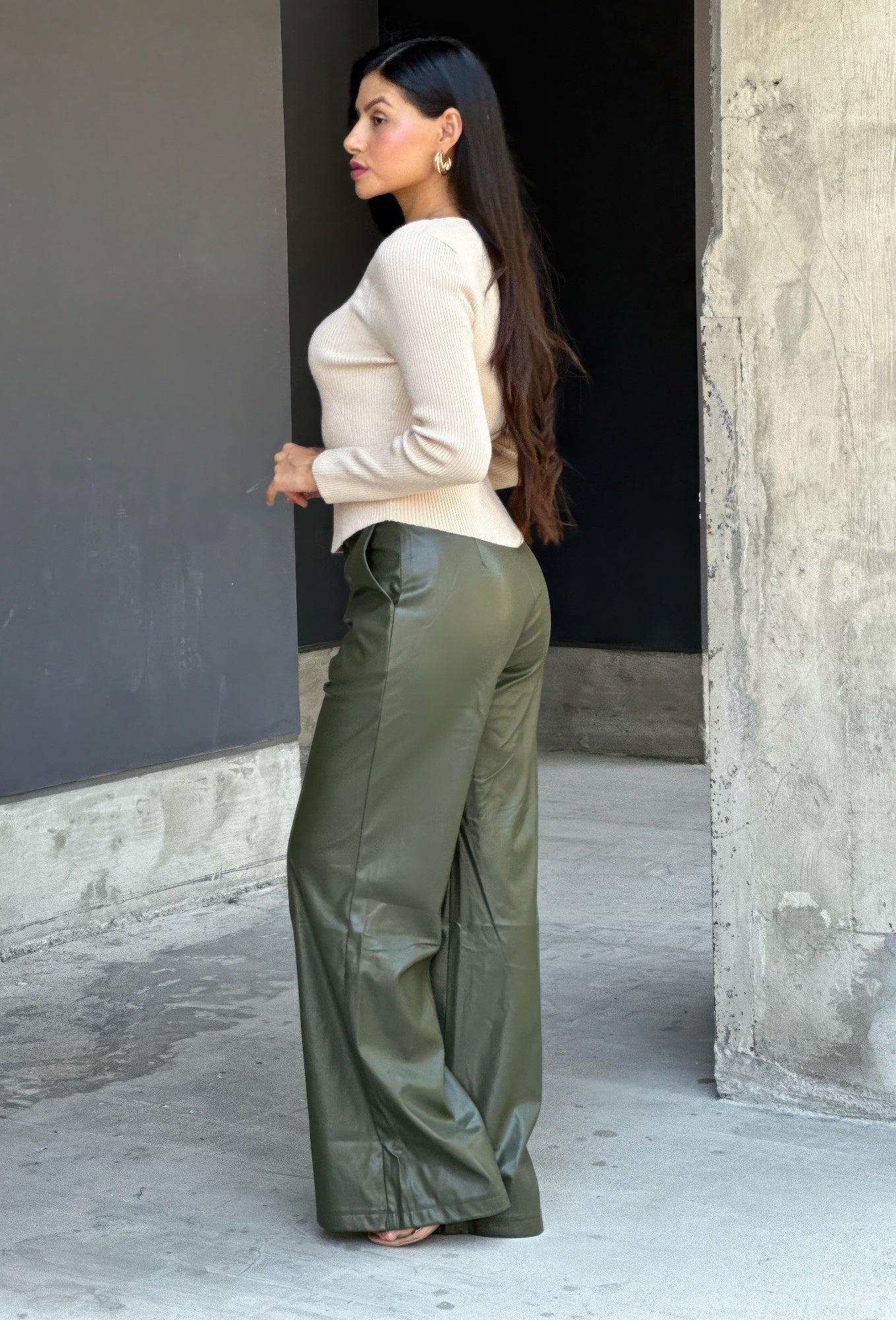 Front Pleated Faux Leather Wide Leg Pants      