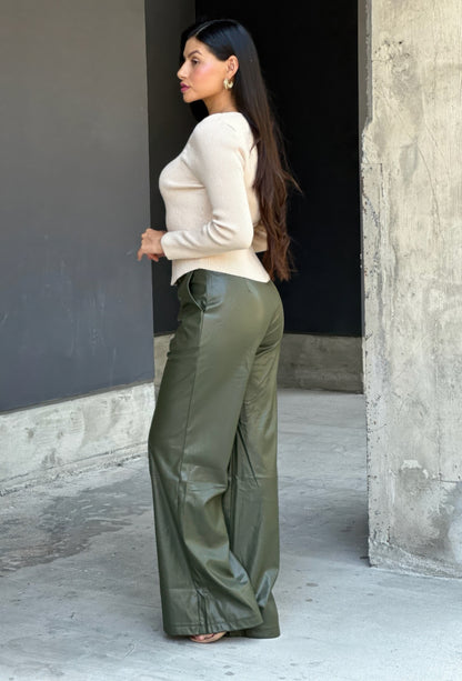 Front Pleated Faux Leather Wide Leg Pants      
