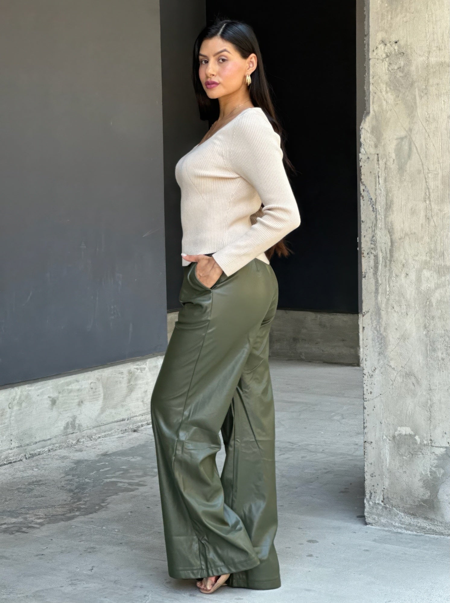Front Pleated Faux Leather Wide Leg Pants      