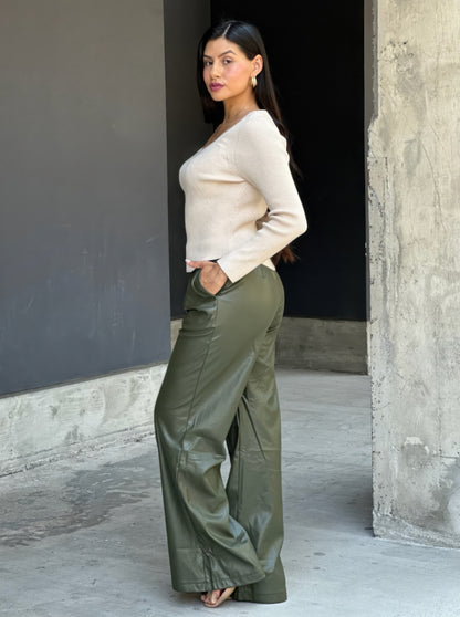 Front Pleated Faux Leather Wide Leg Pants      