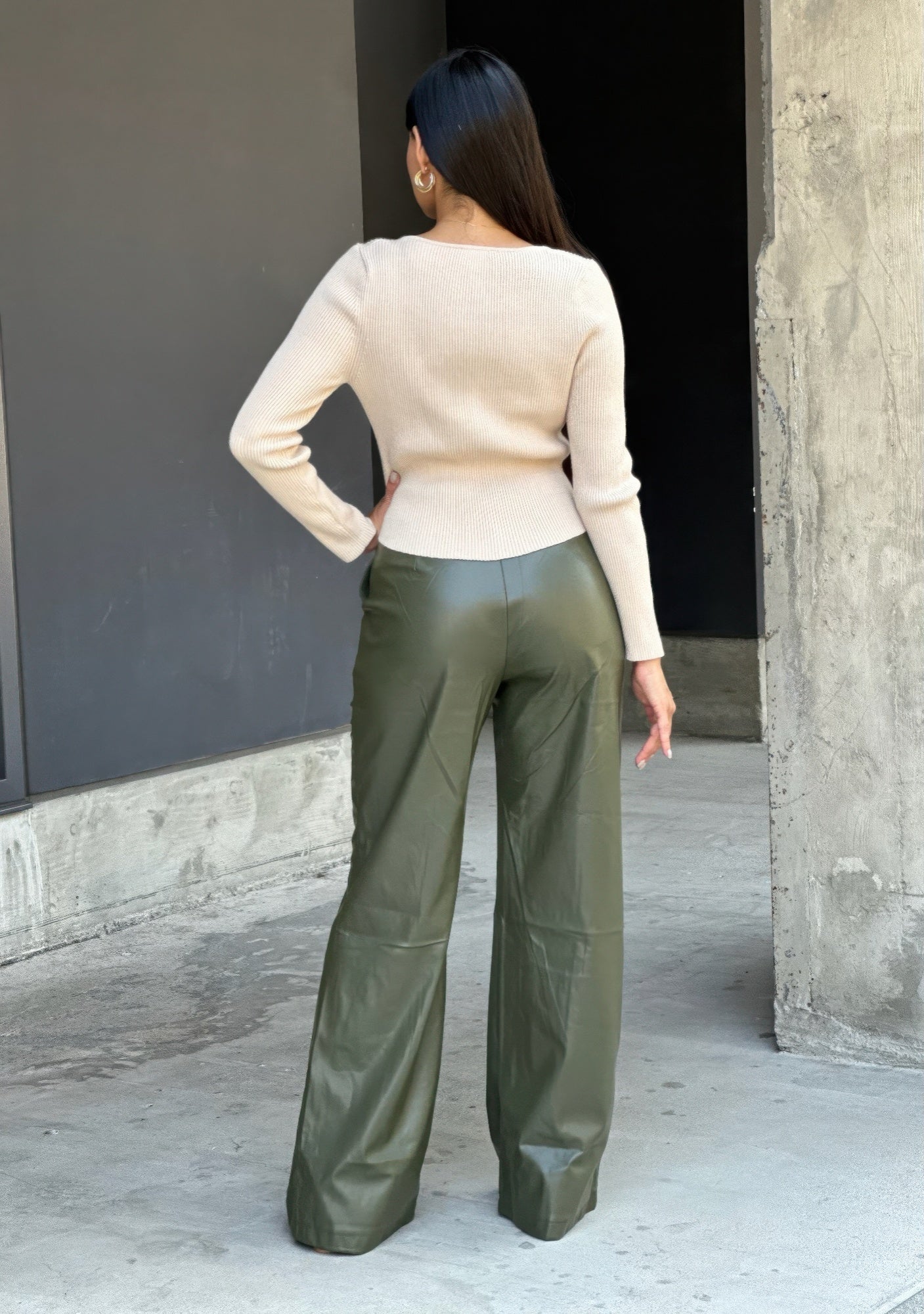Front Pleated Faux Leather Wide Leg Pants      