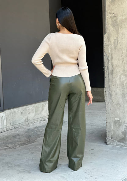 Front Pleated Faux Leather Wide Leg Pants      