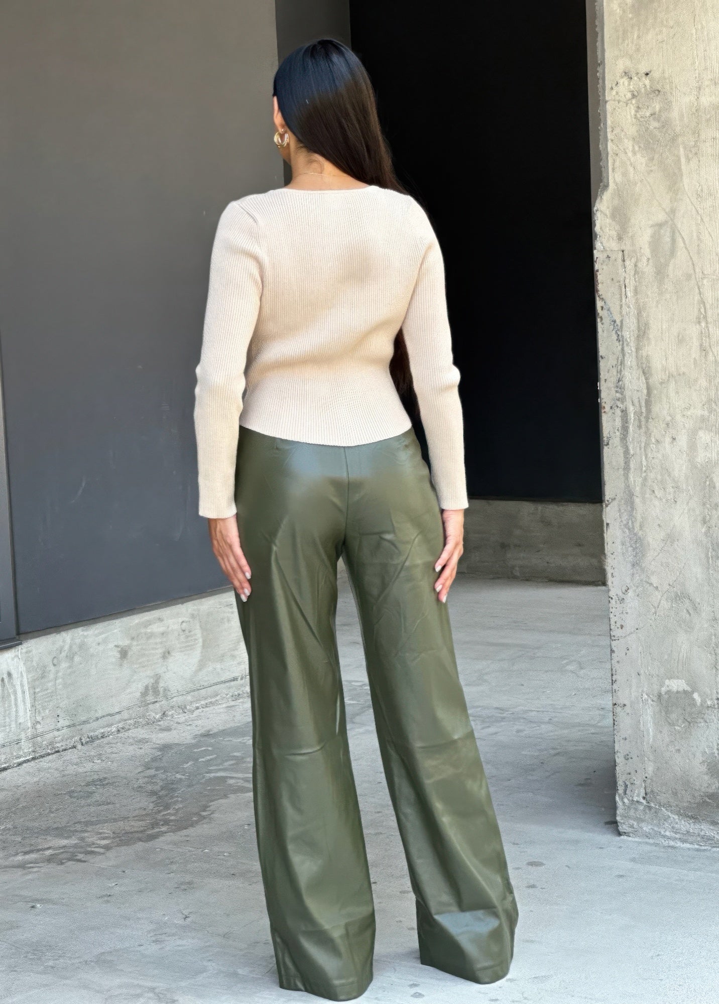 Front Pleated Faux Leather Wide Leg Pants      