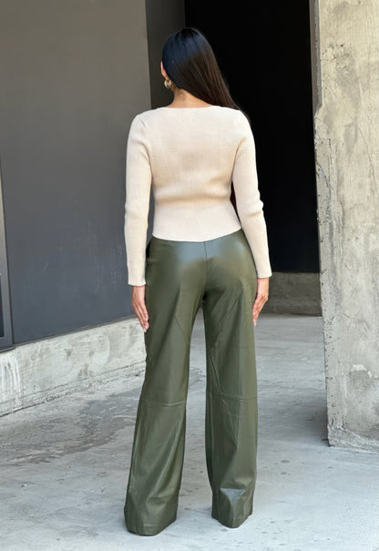 Front Pleated Faux Leather Wide Leg Pants      