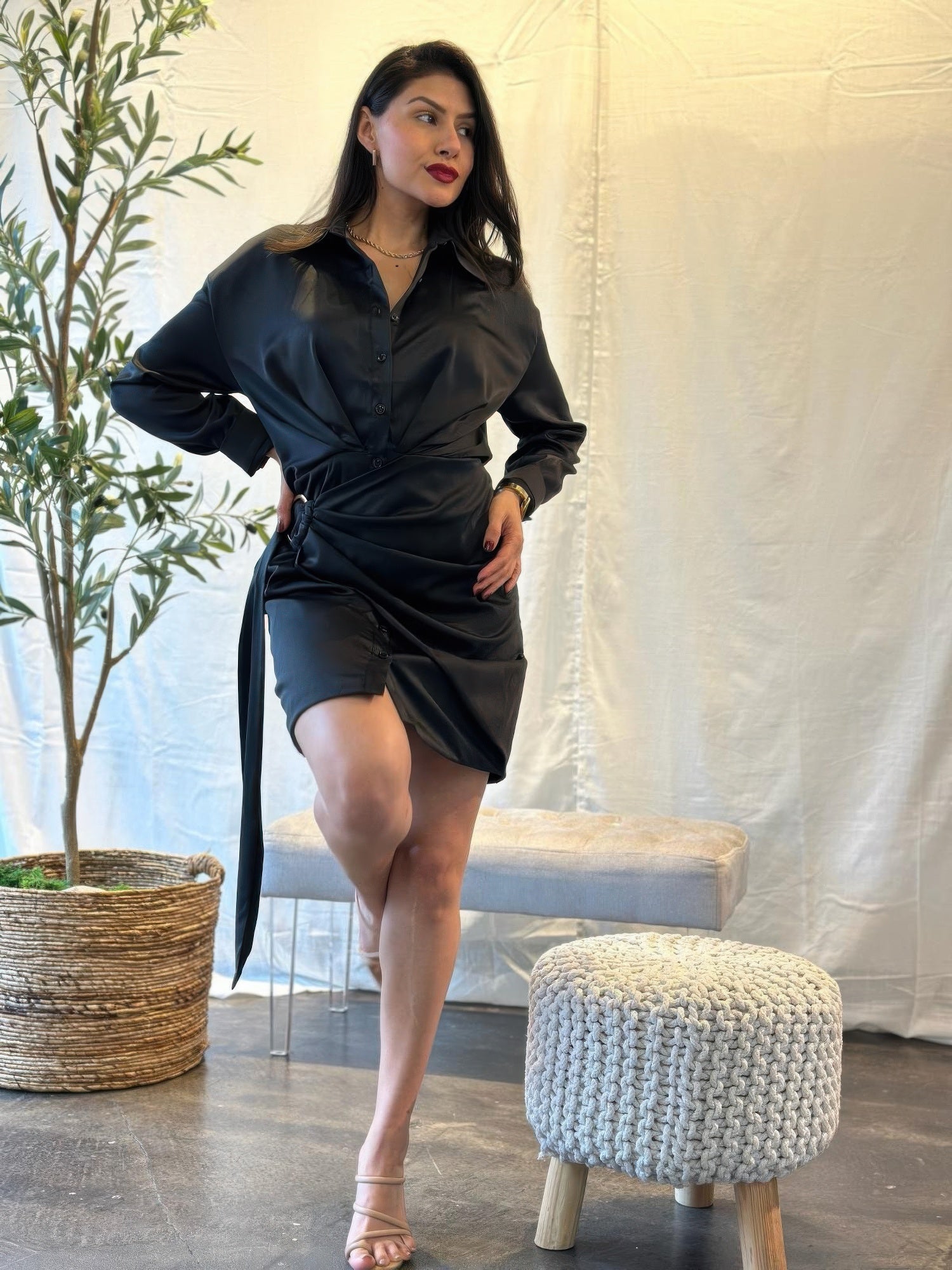 Wrap Satin Long Sleeve Button Down Mini Dress    