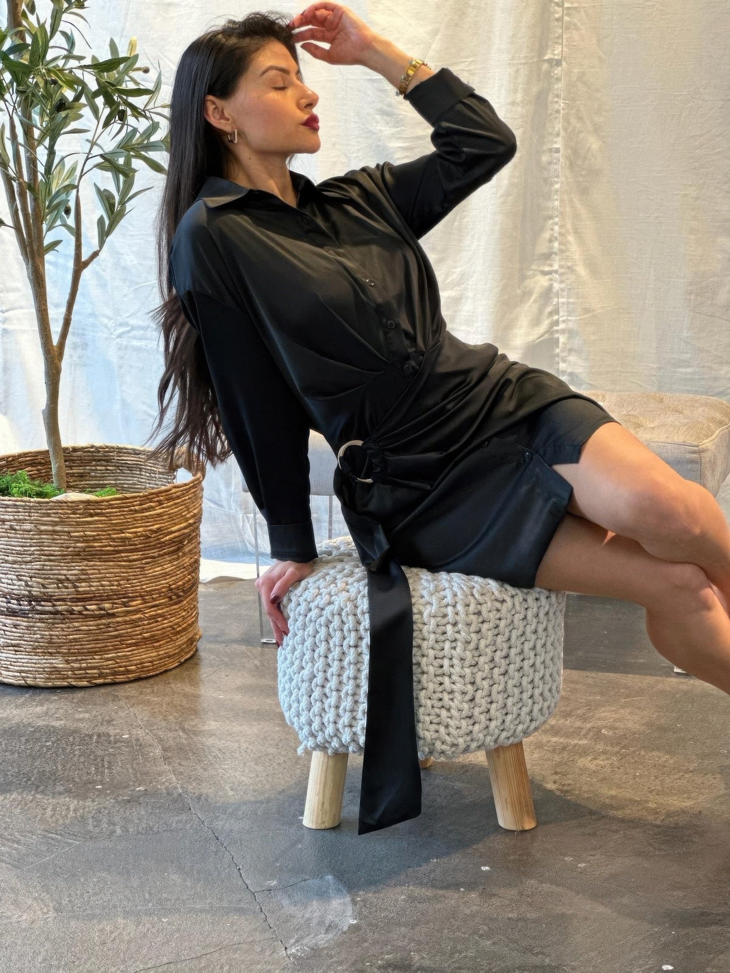 Wrap Satin Long Sleeve Button Down Mini Dress    