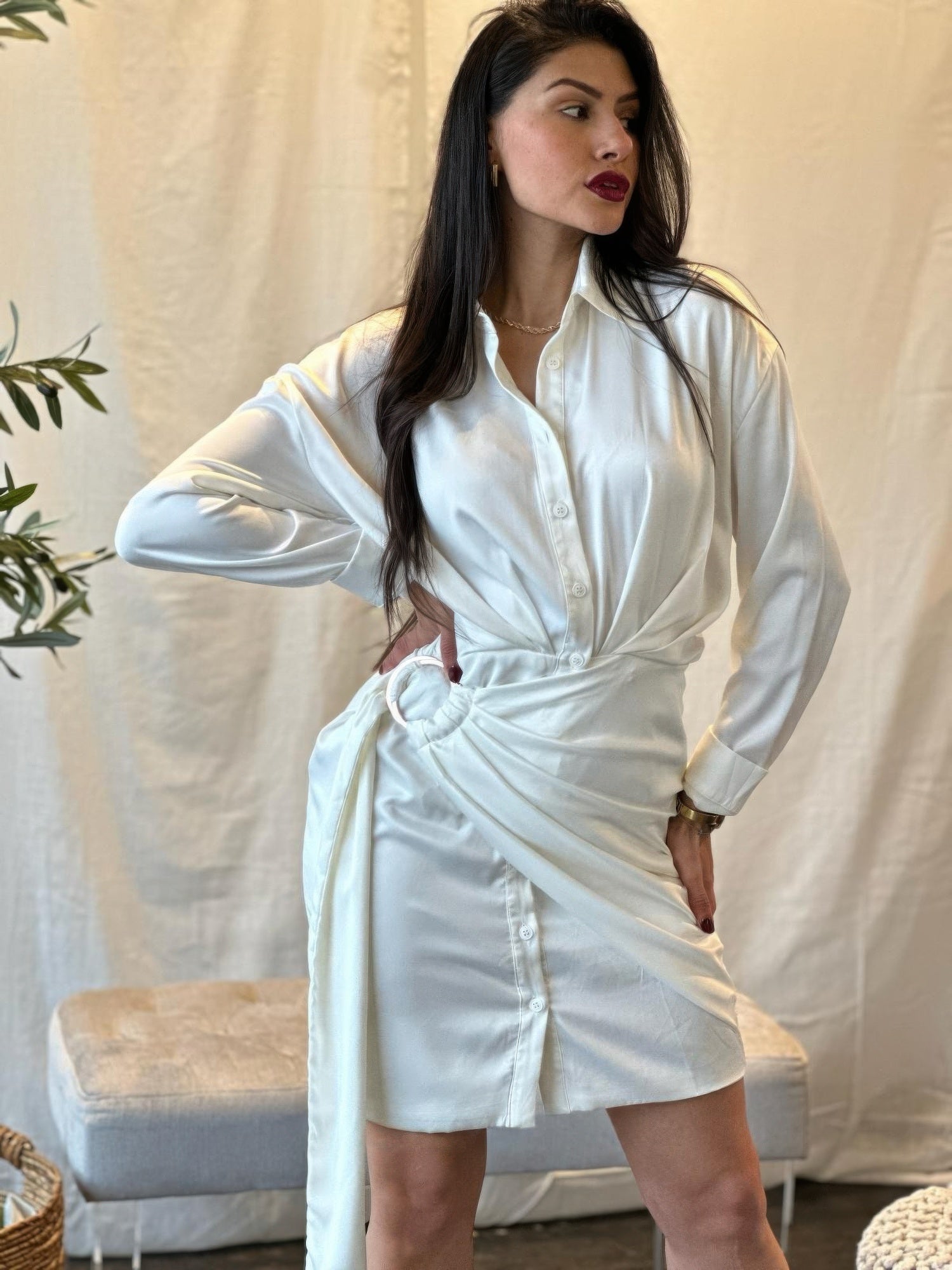 Wrap Satin Long Sleeve Button Down Mini Dress      