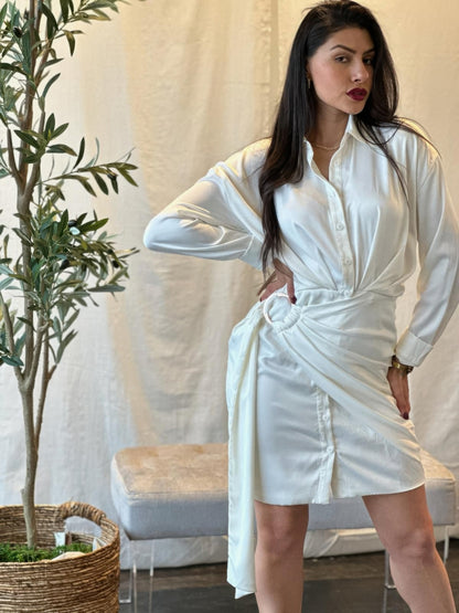 Wrap Satin Long Sleeve Button Down Mini Dress      
