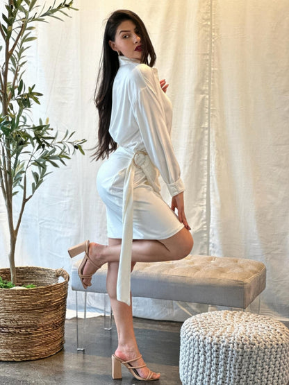 Wrap Satin Long Sleeve Button Down Mini Dress      