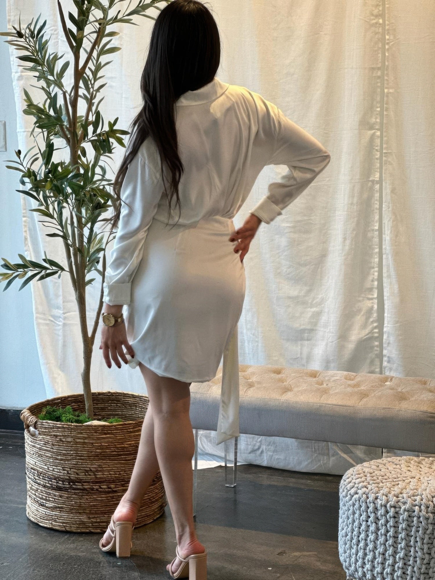 Wrap Satin Long Sleeve Button Down Mini Dress      